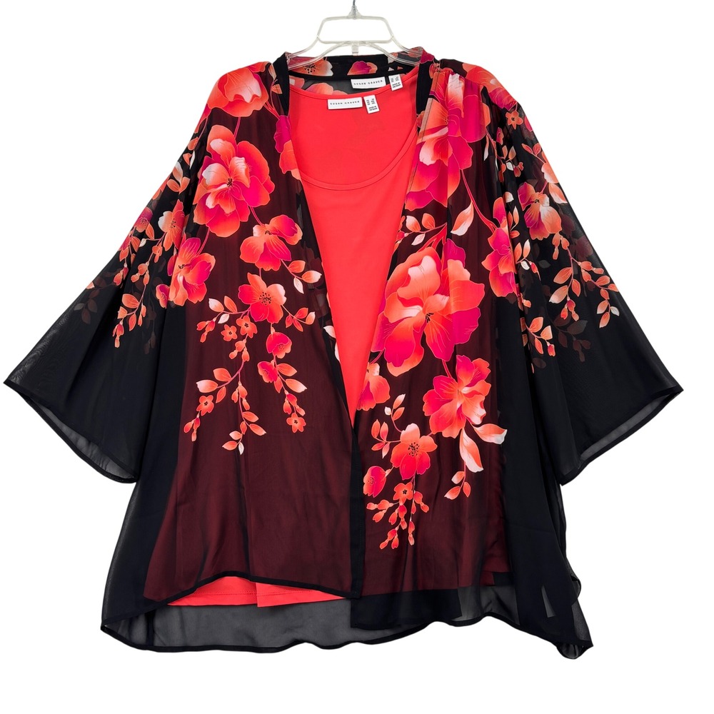 Susan Graver Floral Cardigan and Tank Set Size 3X Coral Black Sheer 2 Piece
